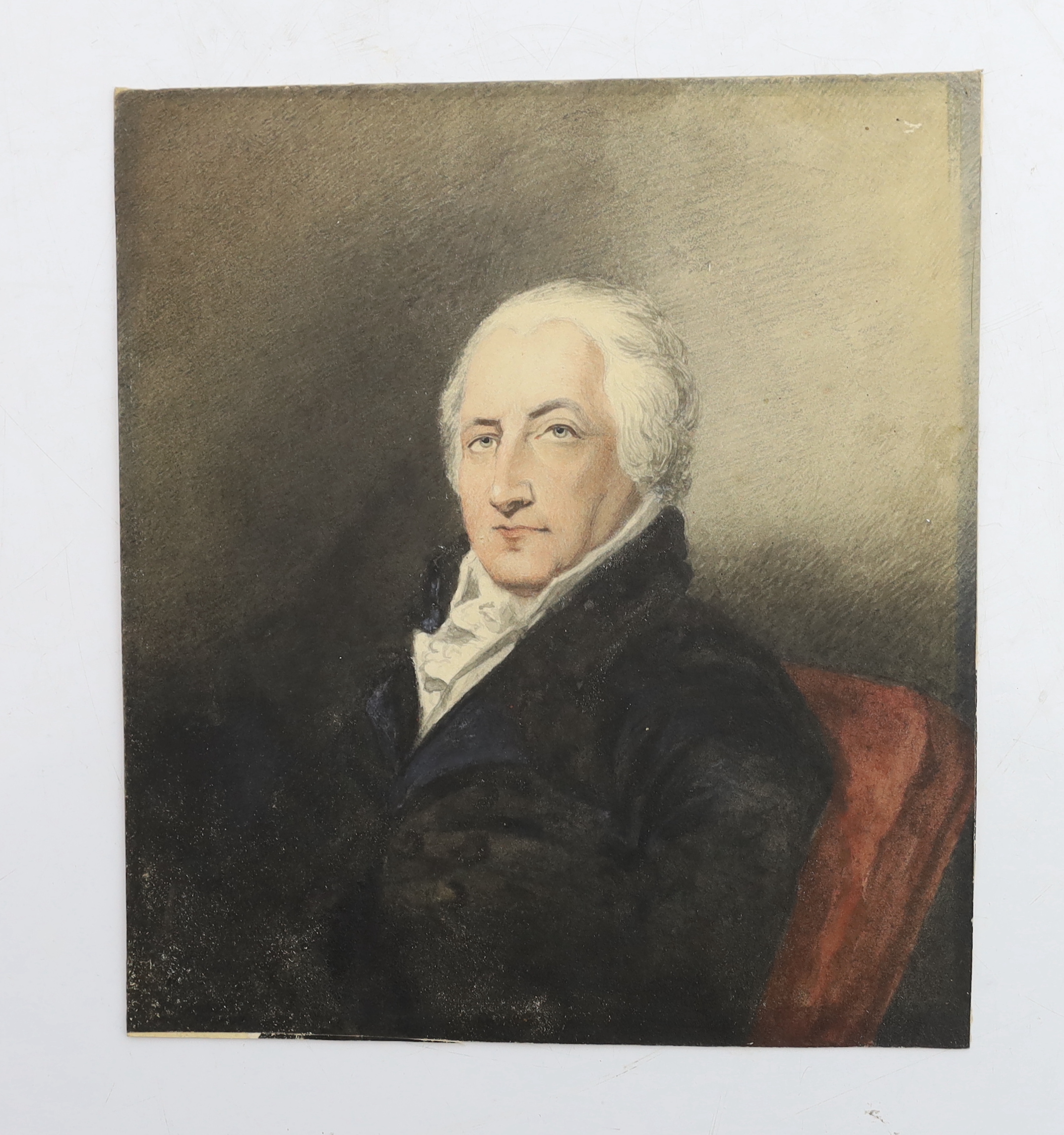 Late 18th century English School - Portrait of Sir William Eden, later 1st Baron Auckland, watercolour on card, 20 x 18cm. A sketch of the sitter verso.
